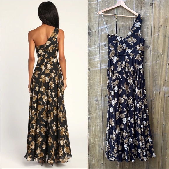 Black and Tan Floral Chiffon One-Shoulder Maxi Dress 🌿 - Picture 2 of 10